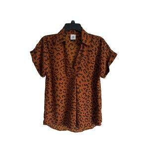 CAbi Leopard Print Collared Short Sleeve Tunic Blouse Brown Black  Size XXS